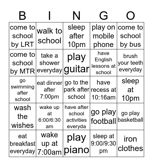Daily Activities Bingo Card