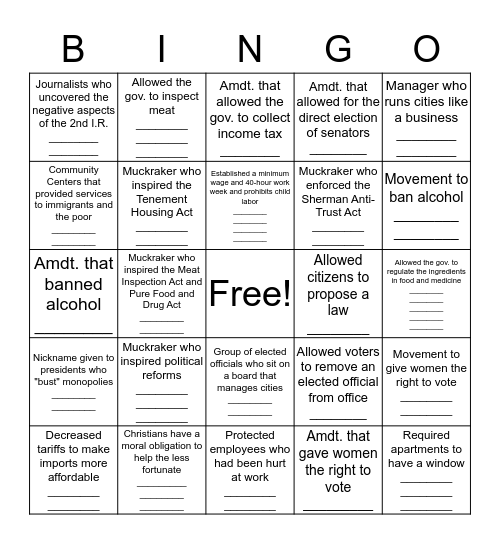 Progressive Movement Bingo Card