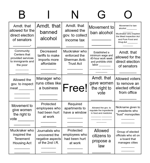 Progressive Movement  Bingo Card