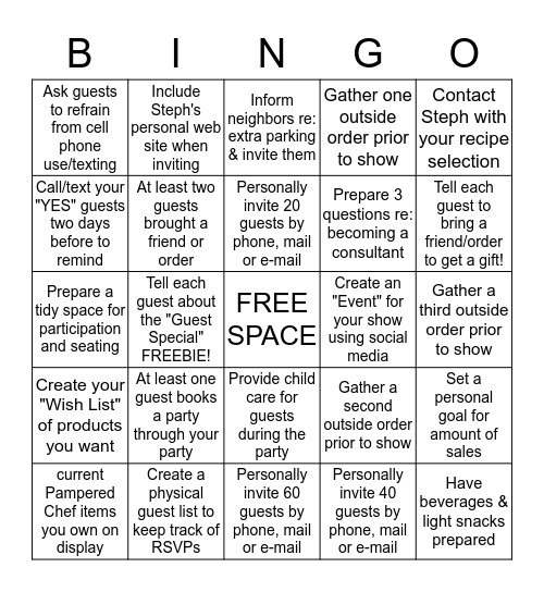 Pampered Chef Host Success Game Bingo Card