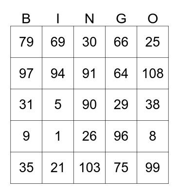 Bingo Glico Bingo Card