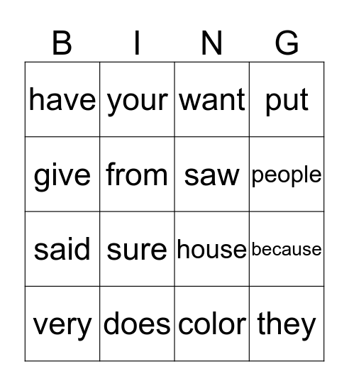 Sight Words Bingo Card