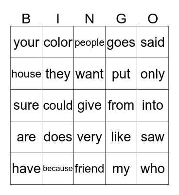 Sight Words Bingo Card