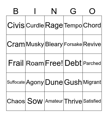 Vocabulary Bingo  Bingo Card