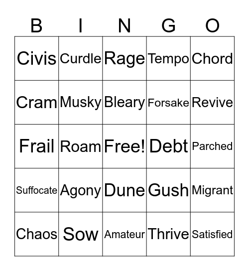 Vocabulary Bingo  Bingo Card