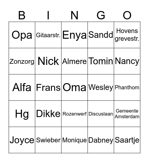 familie Sluijter Bingo Card