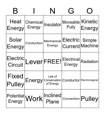 Energy Vocabulary Bingo Card