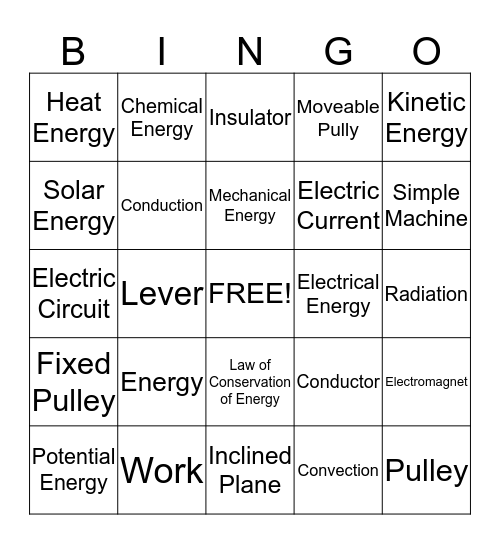 Energy Vocabulary Bingo Card