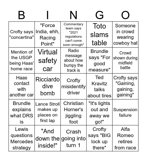 F1 US GP Bingo Card