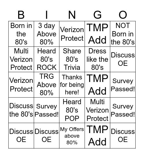 TMP BINGO- Back to the 80's Bingo Card