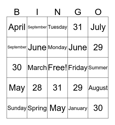 Months of the Year Bingo Card