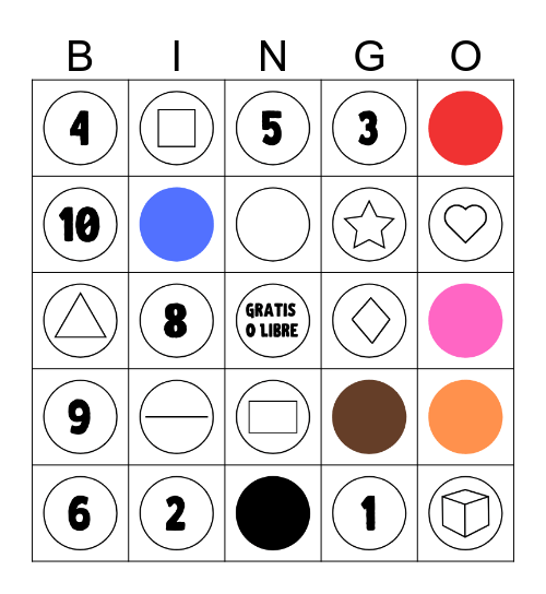 Spanish Numbers, Colors and Shapes Bingo Card