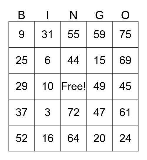 B Bingo Card