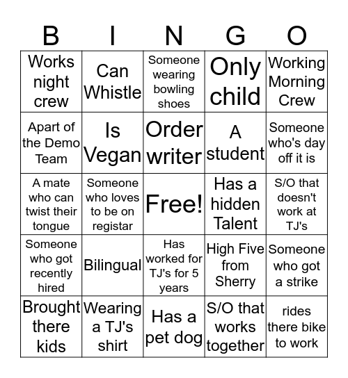 Trader Joes People B I N G O Bingo Card