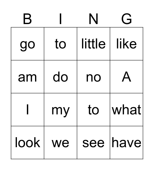 Sight Words Bingo Card