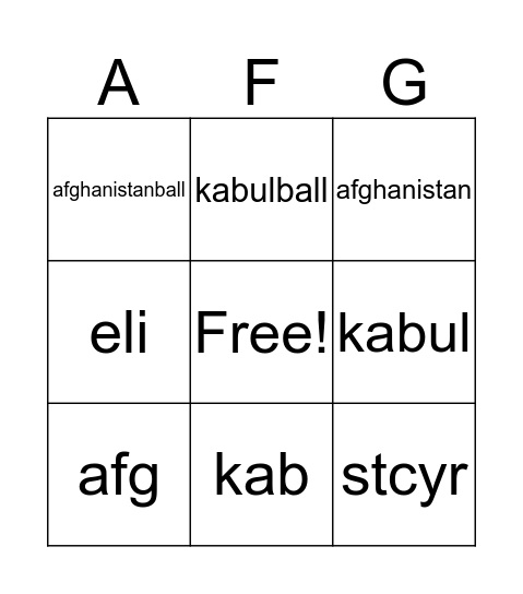 afghanistan Bingo Card