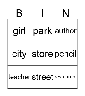 Common Noun Bingo Card