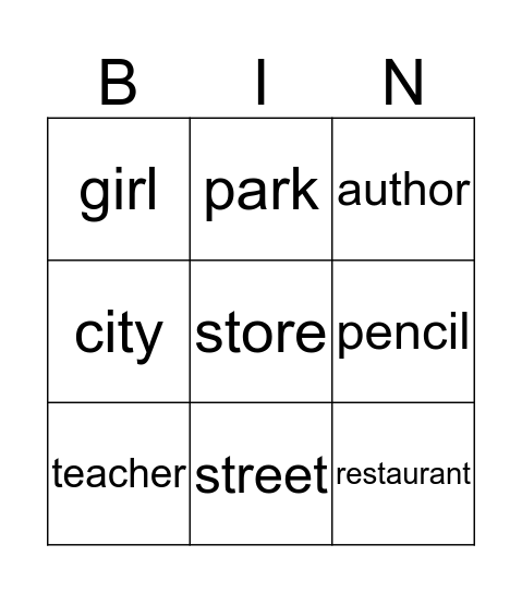 Common Noun Bingo Card