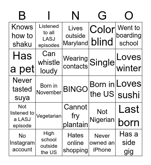 Get To Know You BINGO Card