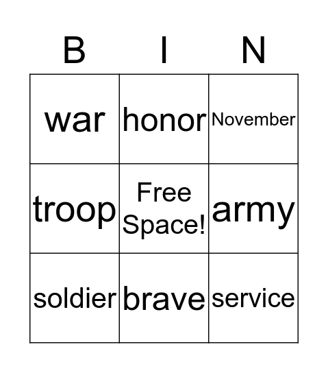 Veterans Day Bingo (Easy Words) Bingo Card