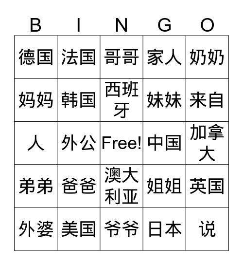 Countries&family members Bingo Card