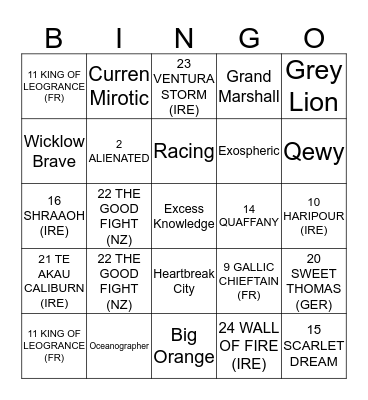 Melbourne Cup Bingo Card