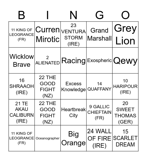 Melbourne Cup Bingo Card