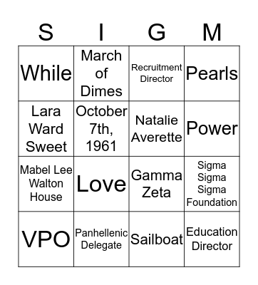 Tri Sigma Bingo Card