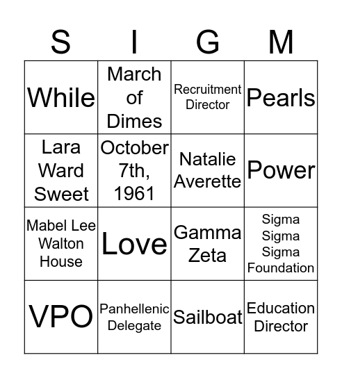 Tri Sigma Bingo Card