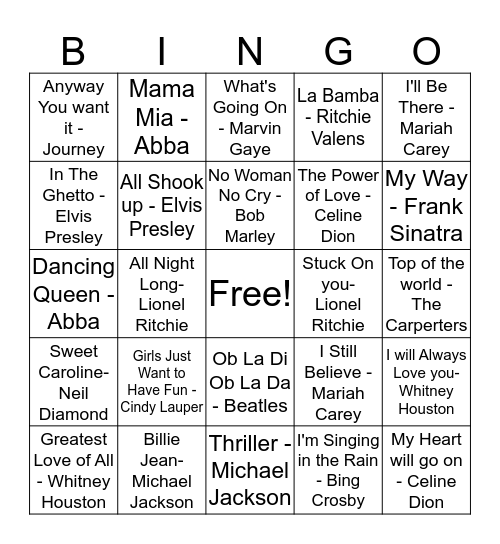Rock N Roll Bingo Card