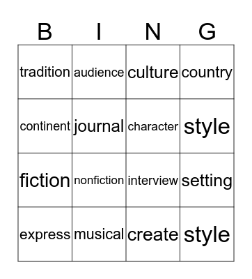 Unit 1, Part 1 Vocabulary Bingo Card