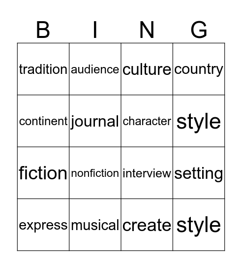 Unit 1, Part 1 Vocabulary Bingo Card
