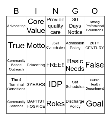 Baptist Hospice  Bingo Card