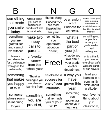Gratefulness BINGO Card