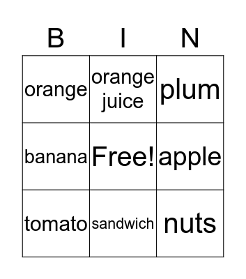 Food Bingo Card