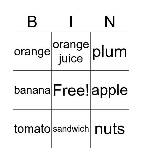 Food Bingo Card