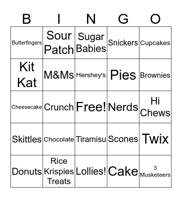 Sweets (Candy/Baking) Bingo Card