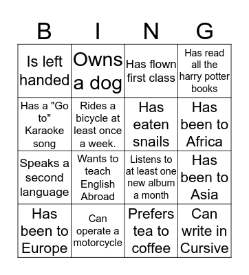 Getting to know each other Bingo Card
