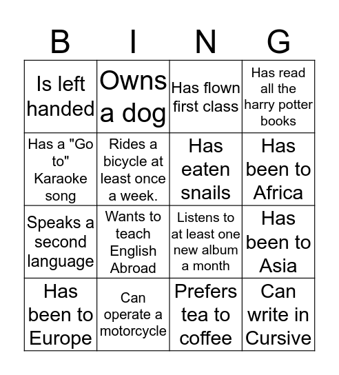 Getting to know each other Bingo Card