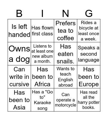 Getting to know eachother Bingo Card