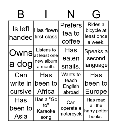 Getting to know eachother Bingo Card
