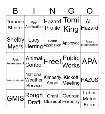 Hazard Mitigation Bingo Card