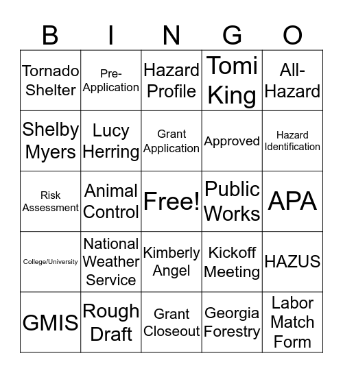 Hazard Mitigation Bingo Card