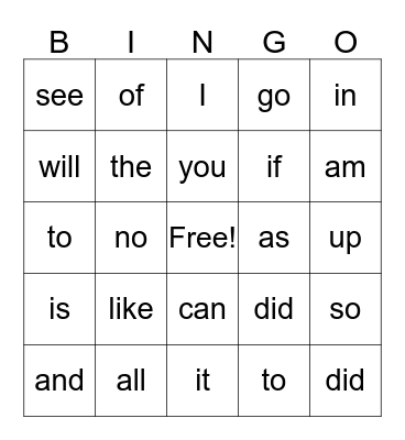 Sight Words Bingo Card