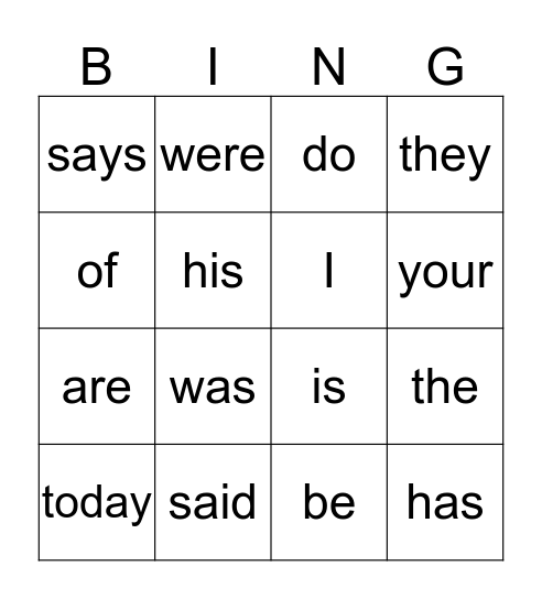 Common Exception Words Bingo Card