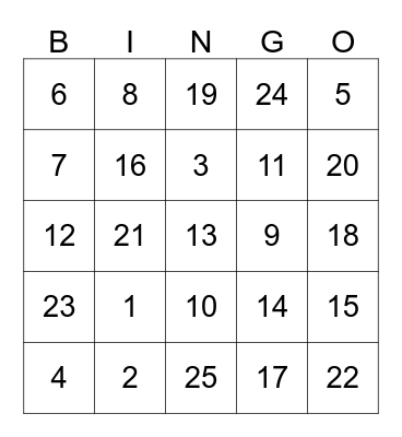 Mental Maths Bingo Card