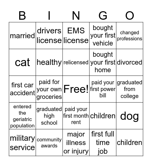 LIFE Bingo Card