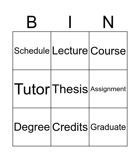 University Life Bingo Card