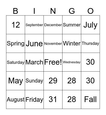 Months of the Year Bingo Card