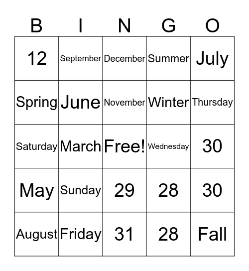 Months of the Year Bingo Card